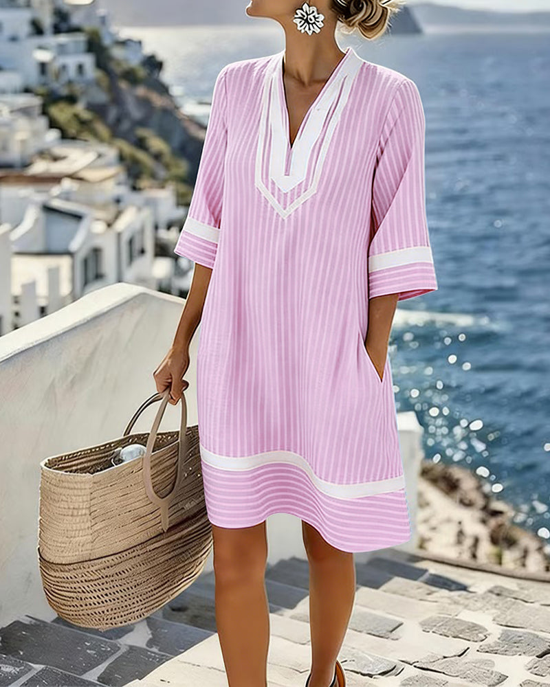 Women's Striped V-Neck Shift Dress