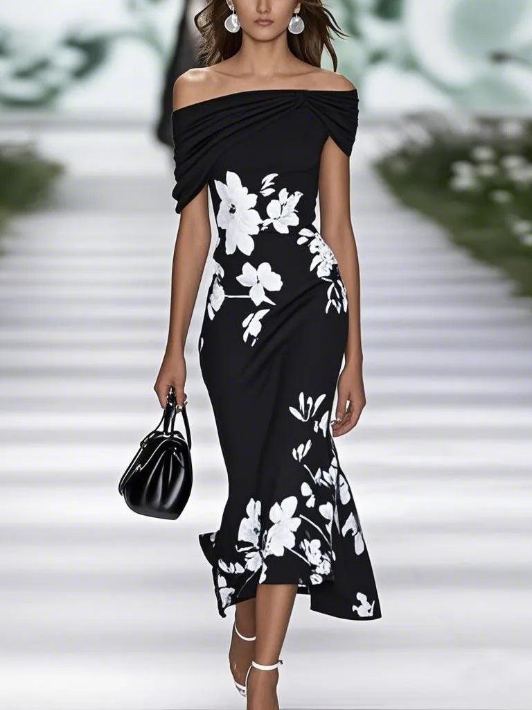 Women Elegant Floral Midi Dress - Off-Shoulder Design with Flowing Fit