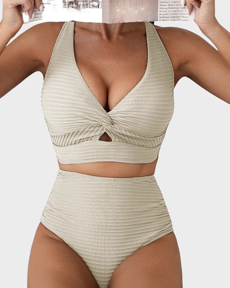 Women's Ribbed Bikini Set with Twist-Front Top and High-Waisted Bottoms