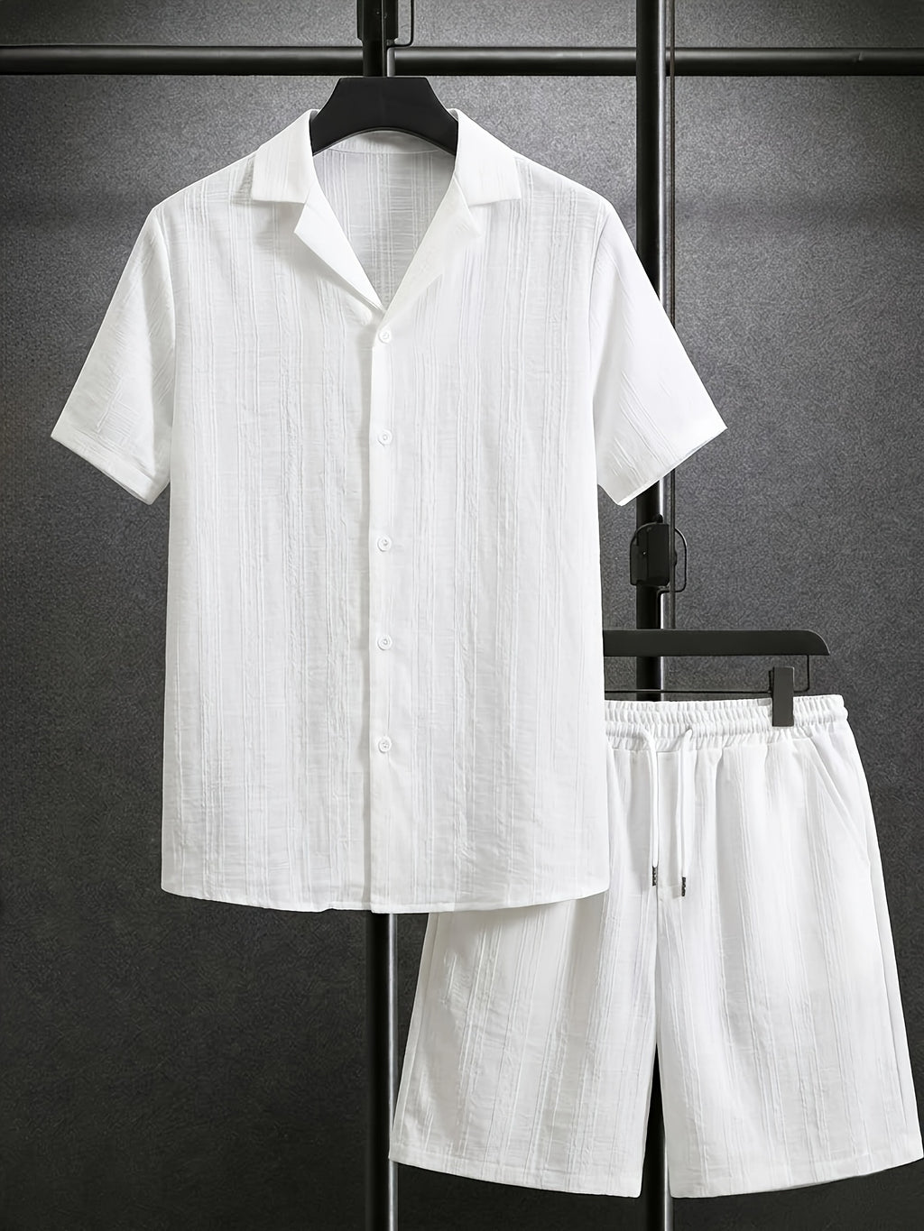 Men's Textured Button-Up Shirt and Drawstring Shorts Set
