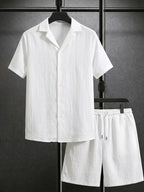 Men's Textured Button-Up Shirt and Drawstring Shorts Set