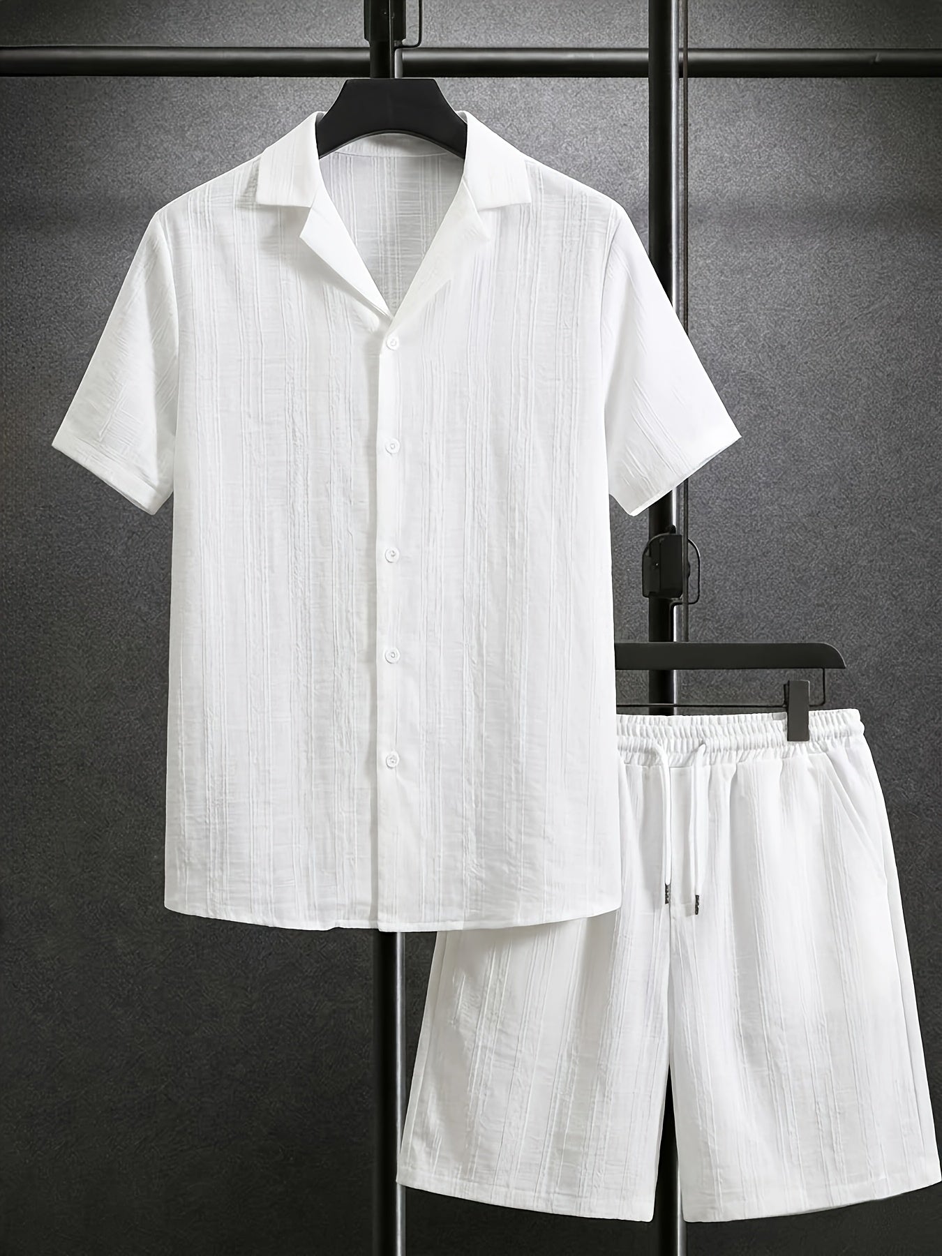 Men's Textured Button-Up Shirt and Drawstring Shorts Set
