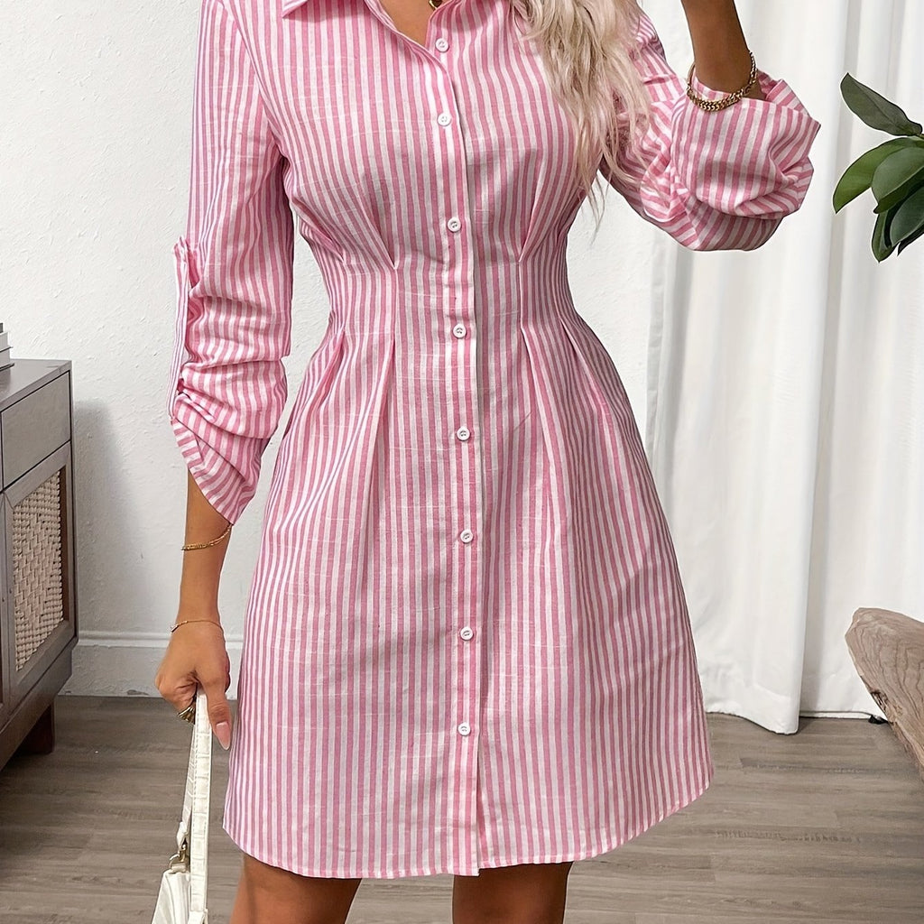 Women's Striped Shirt Dress with Button Front and Roll-Up Sleeves