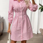 Women's Striped Shirt Dress with Button Front and Roll-Up Sleeves