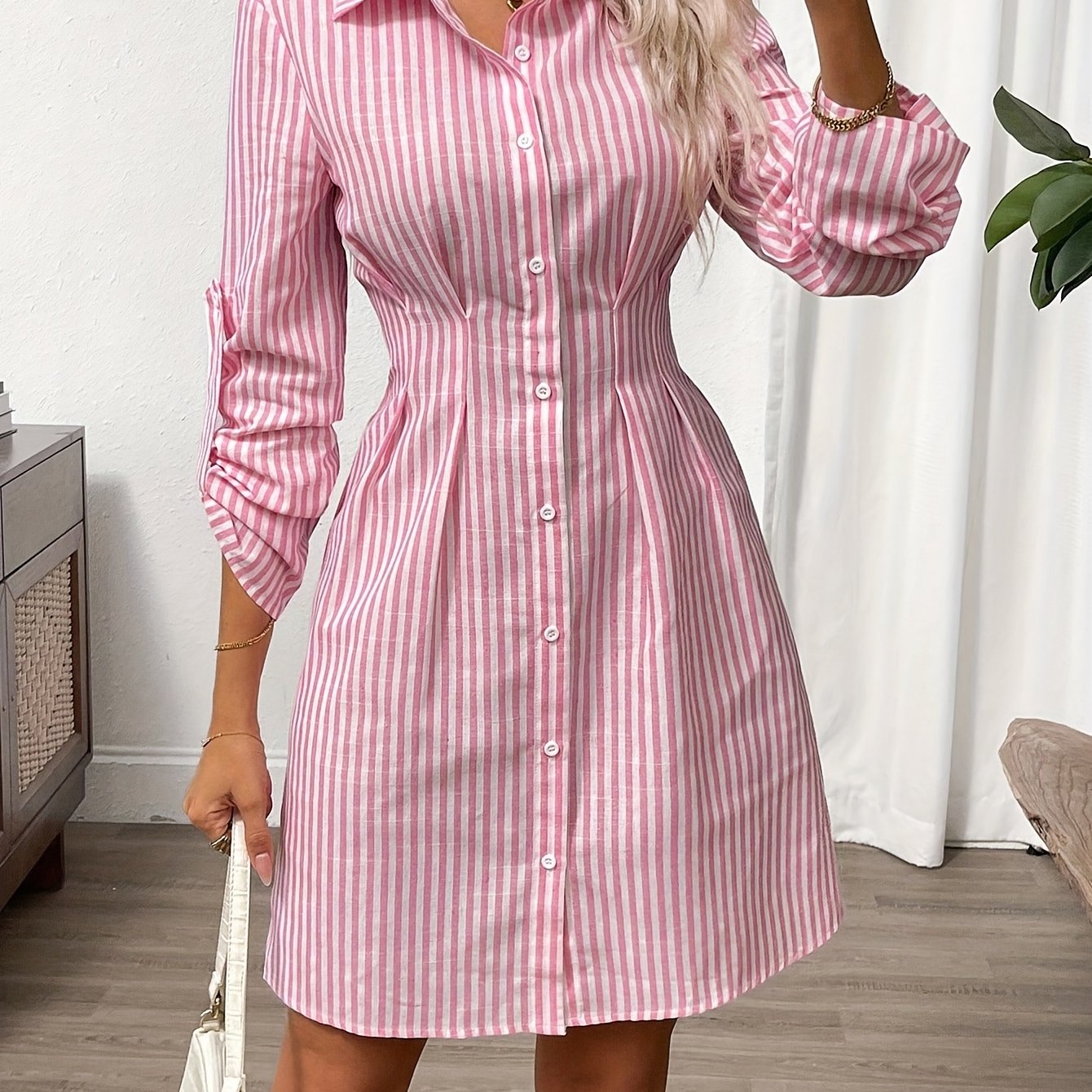Women's Striped Shirt Dress with Button Front and Roll-Up Sleeves