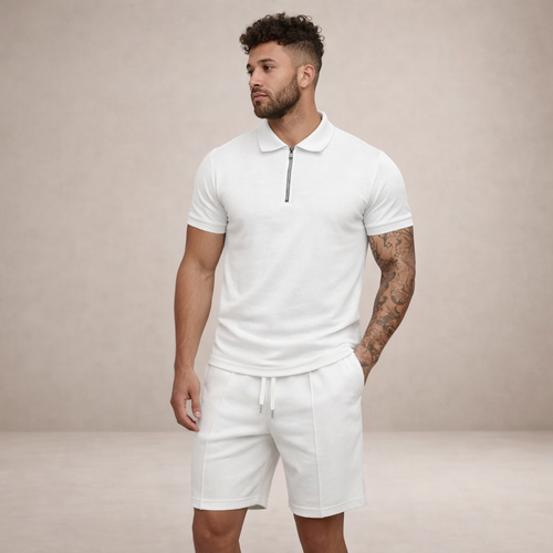 Ensemble polo texturé et shorts pour homme avec demi-fermeture éclair