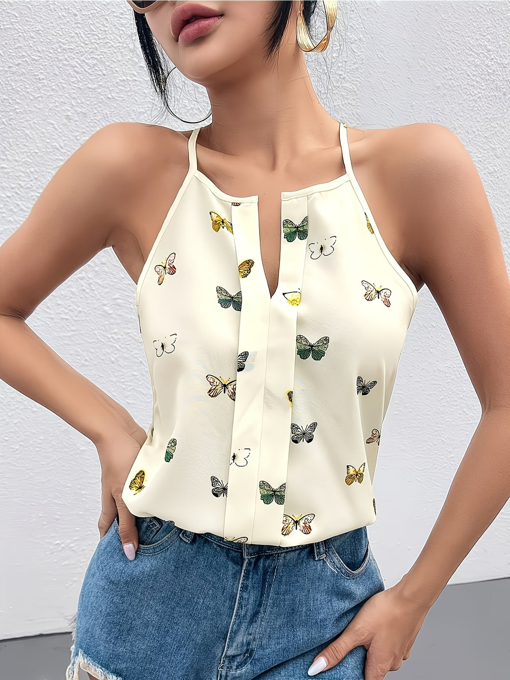 Women's Butterfly Print Sleeveless Keyhole Neck Blouse
