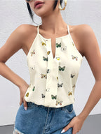 Women's Butterfly Print Sleeveless Keyhole Neck Blouse