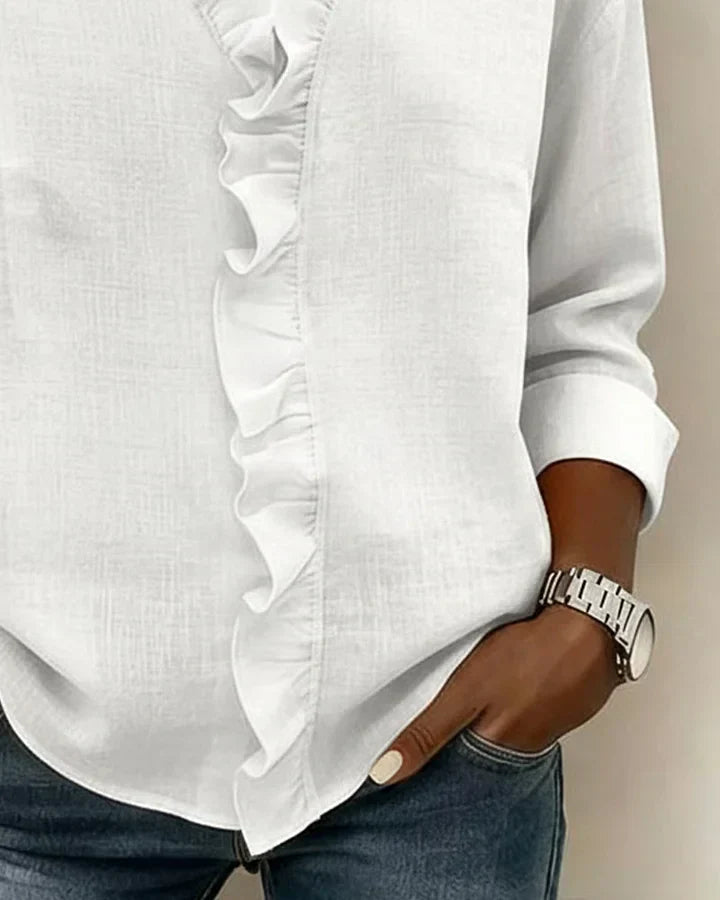 Women's Ruffle V-Neck Blouse with Long Sleeves for Elegant Everyday Wear