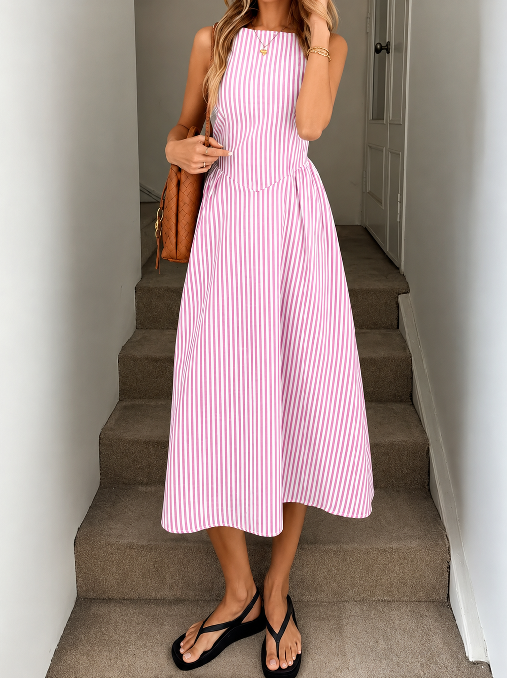 Women's Sleeveless Striped Fit and Flare Midi Dress