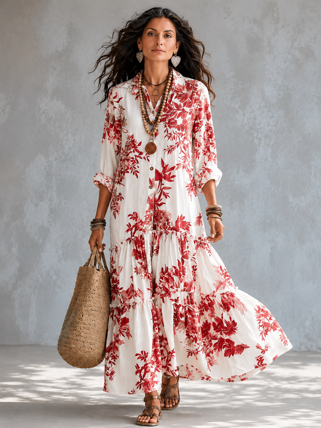 Damska boho sukienka maxi z kwiatowym wzorem, zapinana na guziki, z falbanami