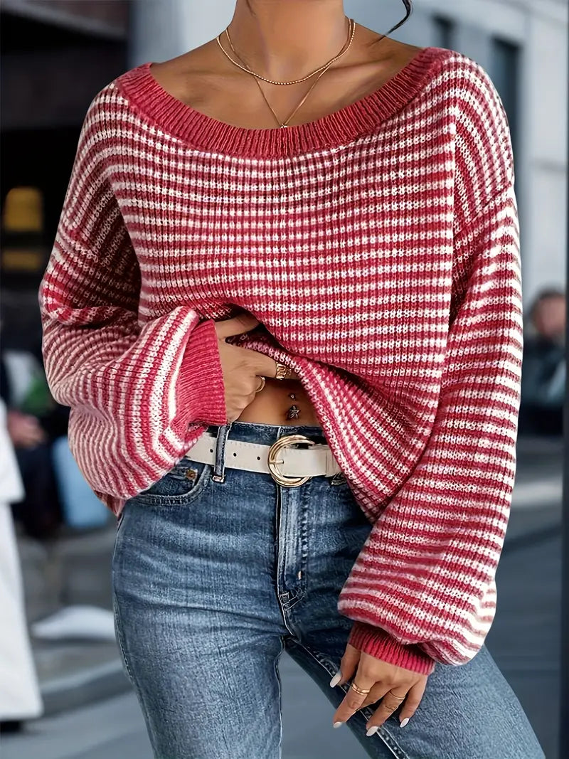 Women's Striped Boat Neck Sweater with Relaxed Fit