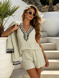 Women's Three-Piece Linen Blend Set with Tassel Trim and Relaxed Fit