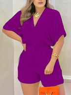 Women's Relaxed V-Neck Drawstring Waist Romper