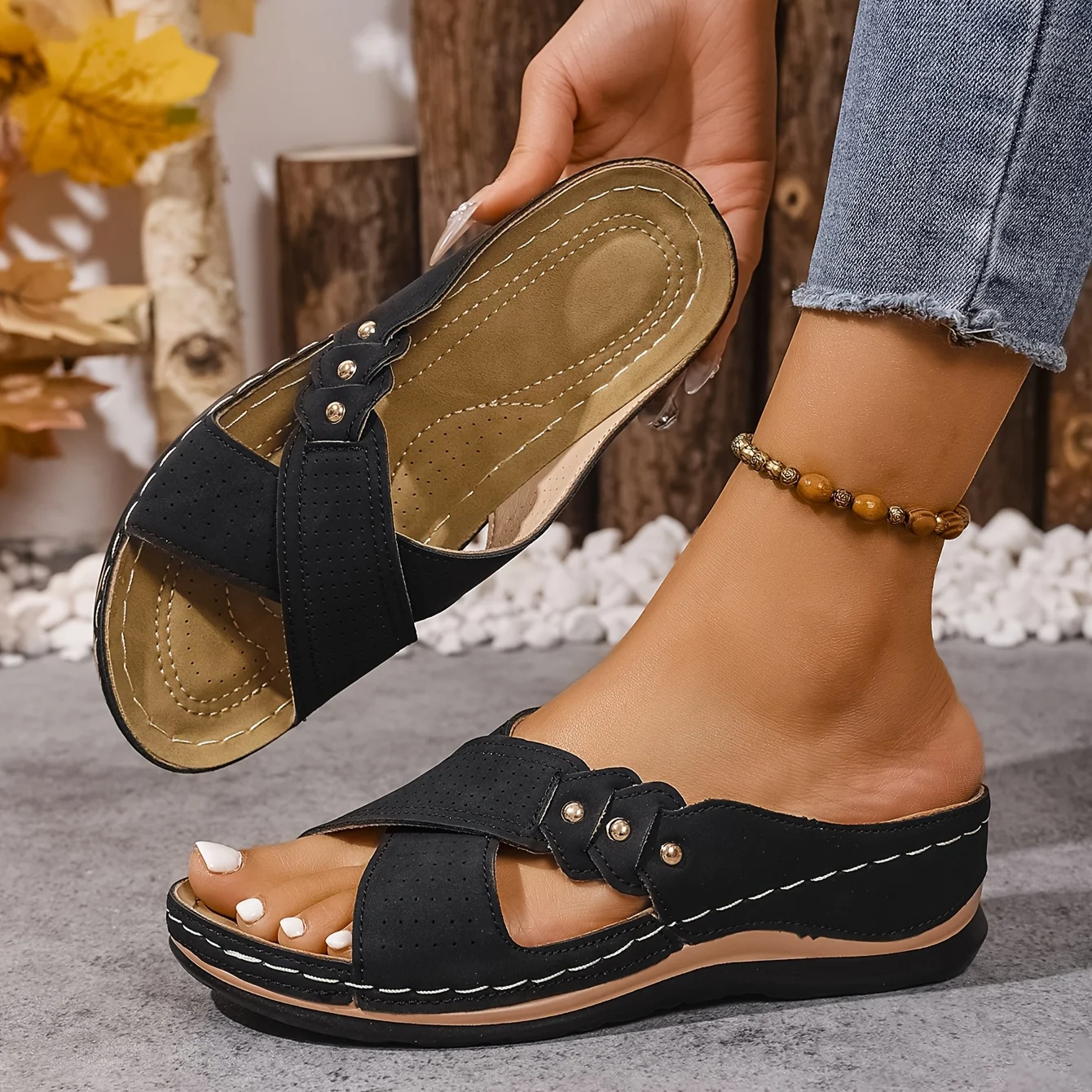 Women's Comfort Slip On Sandals with Cross Strap Design