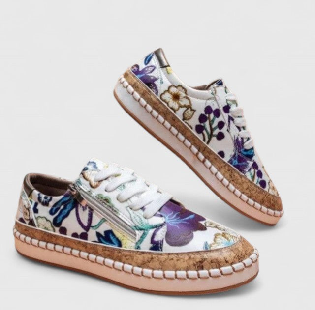Damesneakers med blomsterprint og plateau i lærred