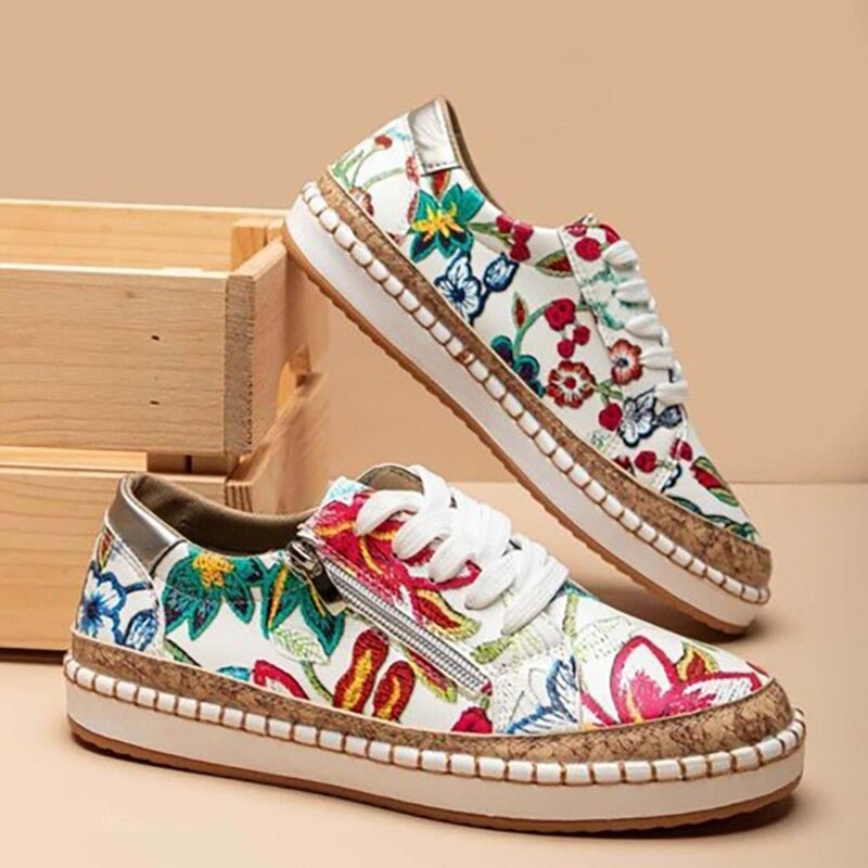Blommiga platåsneakers för kvinnor med snörning