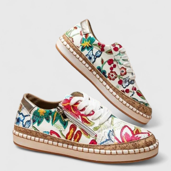 Damesneakers med blomsterprint og plateau i lærred