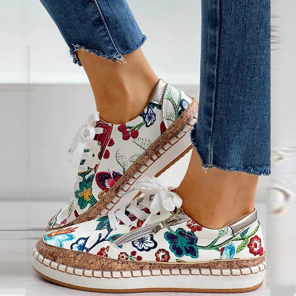 Blommiga platåsneakers för kvinnor med snörning