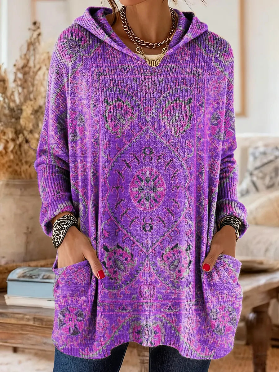 Pull tunique imprimé à capuche pour femme
