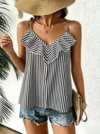 Women's Striped Ruffle Trim Button Front Cami Top