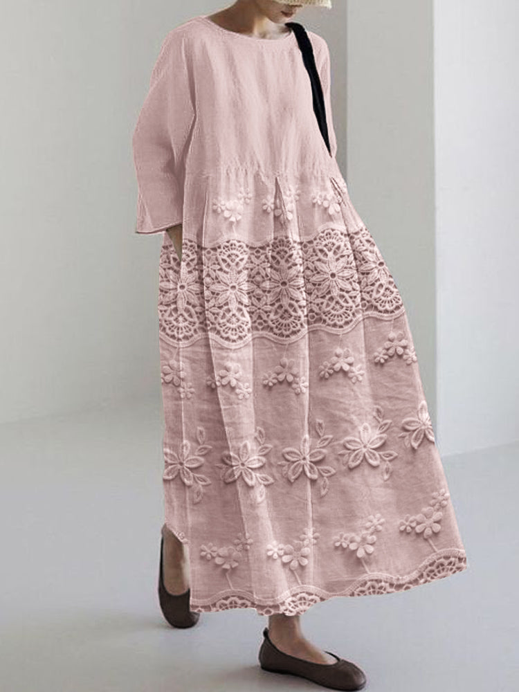 Women's Embroidered Floral Lace Maxi Dress with Relaxed Vintage Silhouette