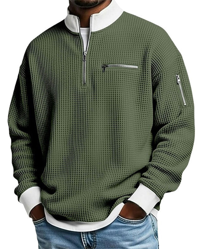 Pullover da uomo con texture waffle e cerniera a un quarto