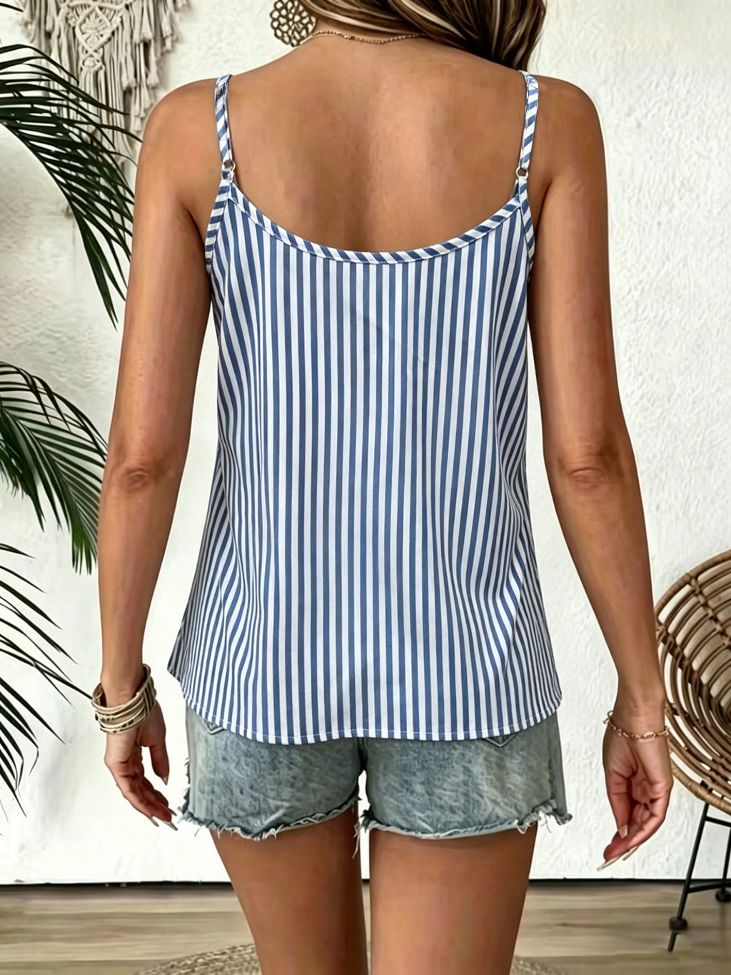 Women's Striped Ruffle Trim Button Front Cami Top