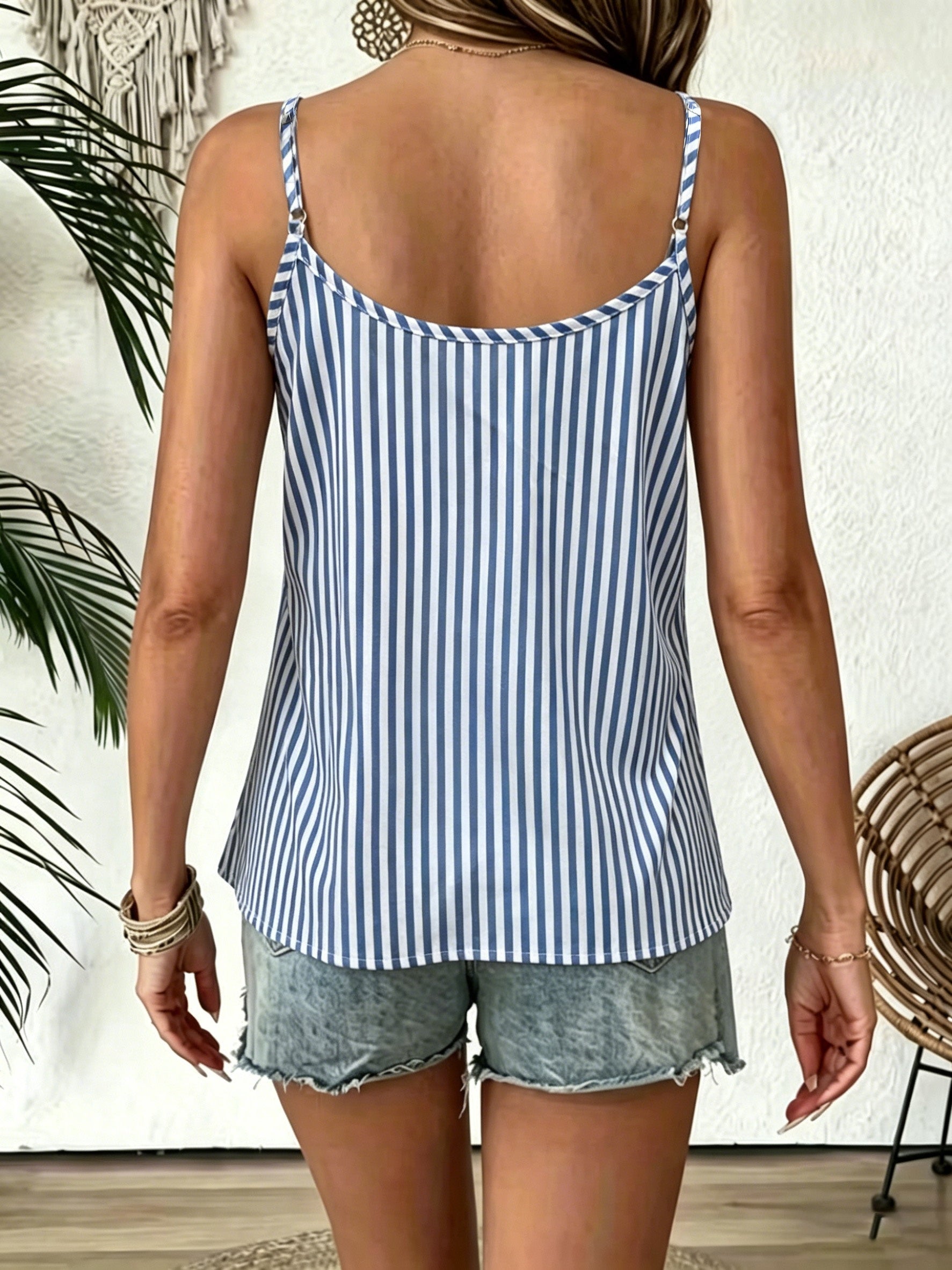Women's Striped Ruffle Trim Button Front Cami Top