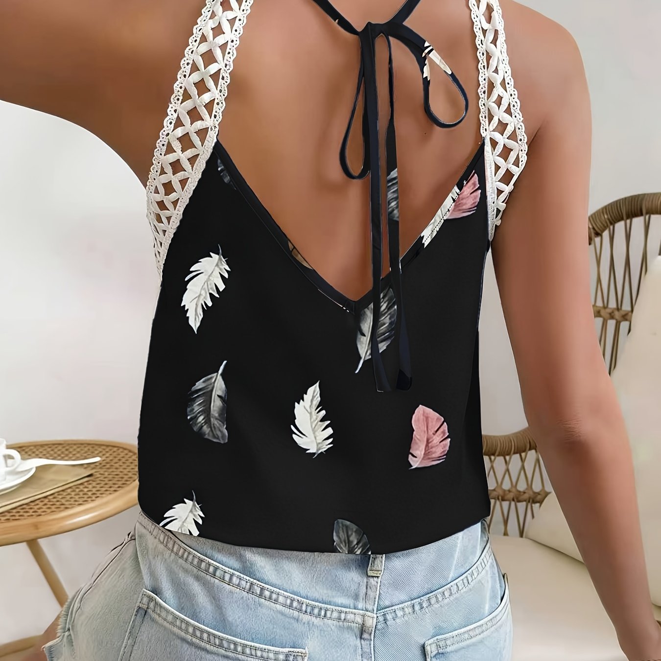 Women’s Feather Print Halter Top with Crochet Strap Detailing