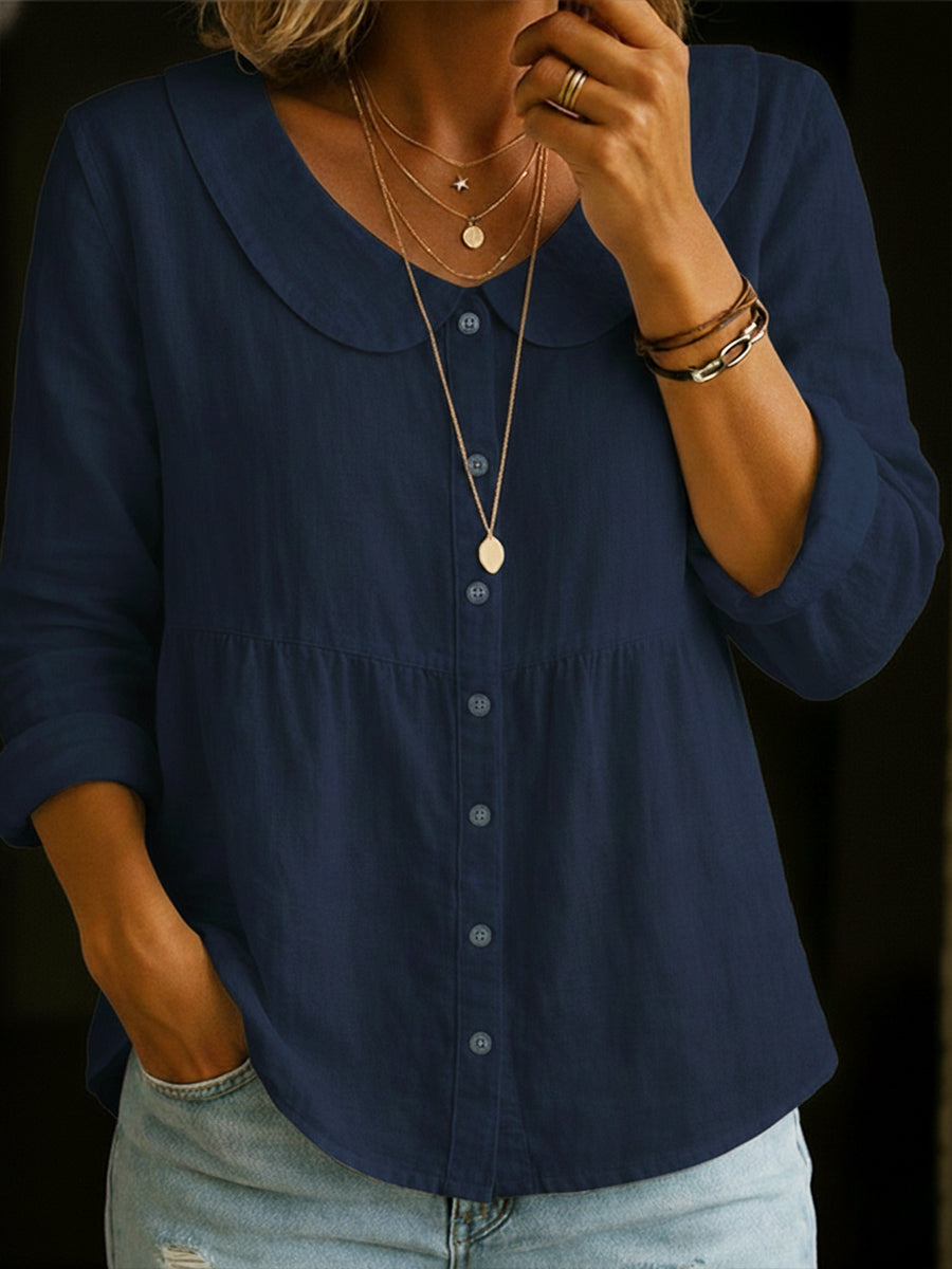 Women's Cotton Linen Blouse with Rounded Collar and Button-Front Design