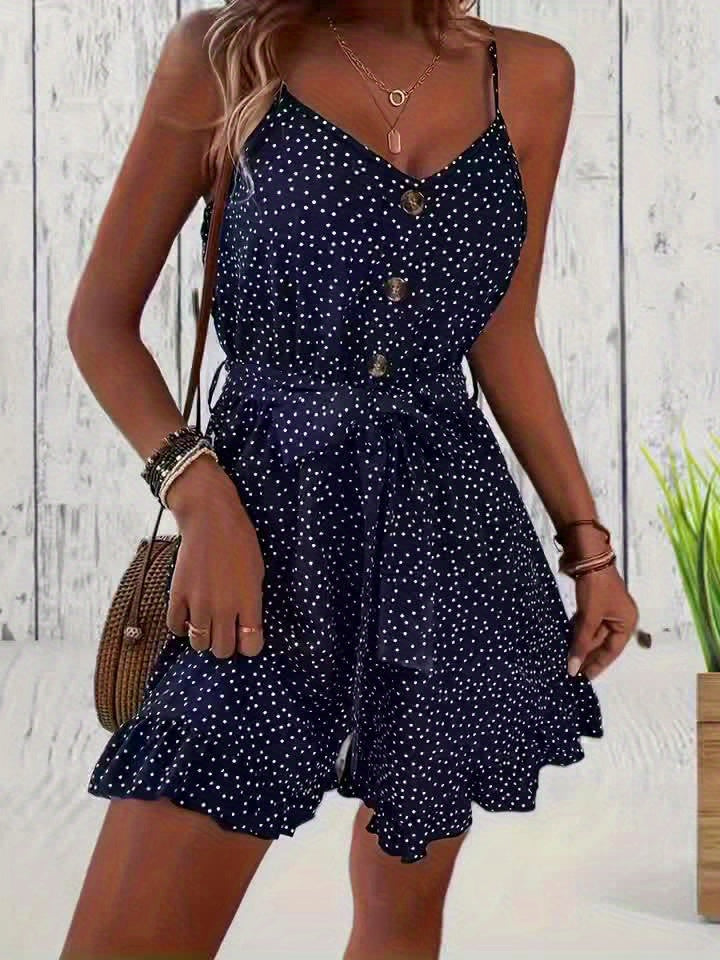 Women's Polka Dot Romper with Button Front and Adjustable Waist Tie