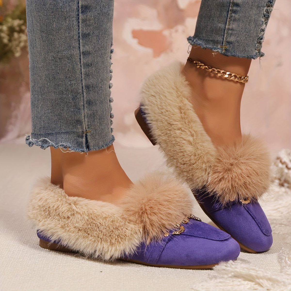 Mules chaussons pour femme bordés de fausse fourrure