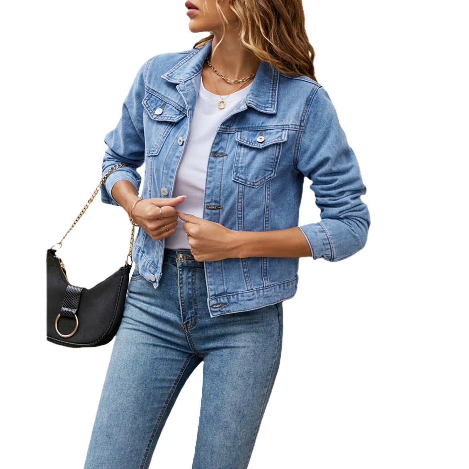 Veste en jean classique pour femme avec poches à rabat et fermeture boutonnée