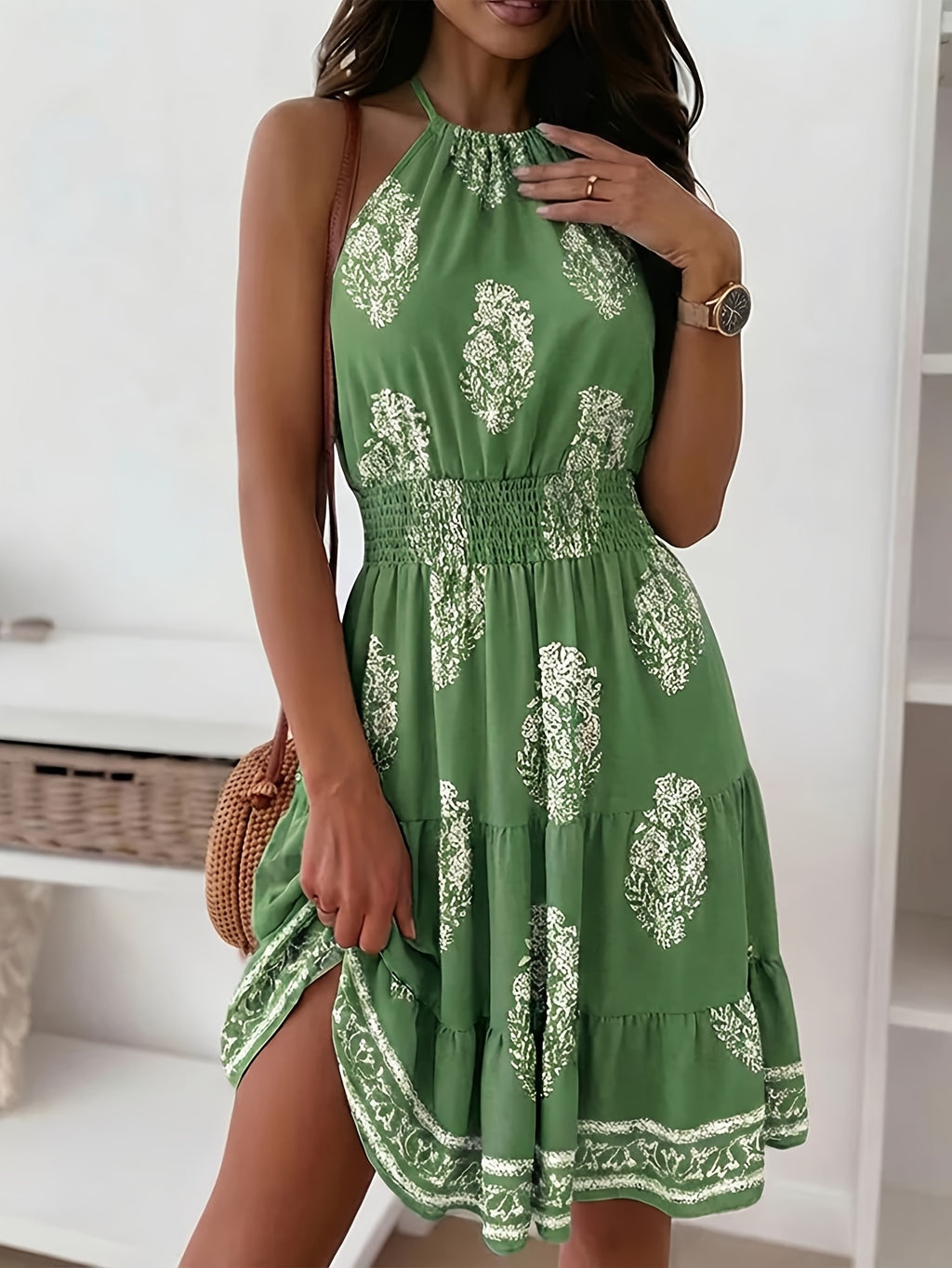 Women's Bohemian Paisley Print Halter Tiered Sundress