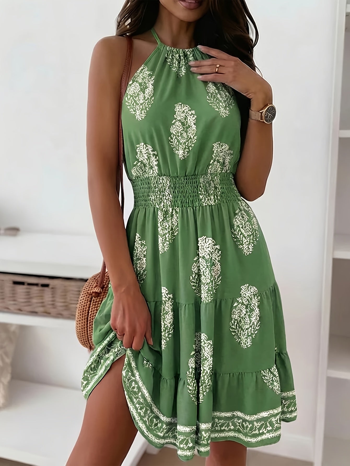 Women's Bohemian Paisley Print Halter Tiered Sundress