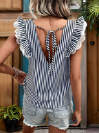 Women’s Striped V-Neck Top with Lace Sleeve Detailing and Relaxed Fit