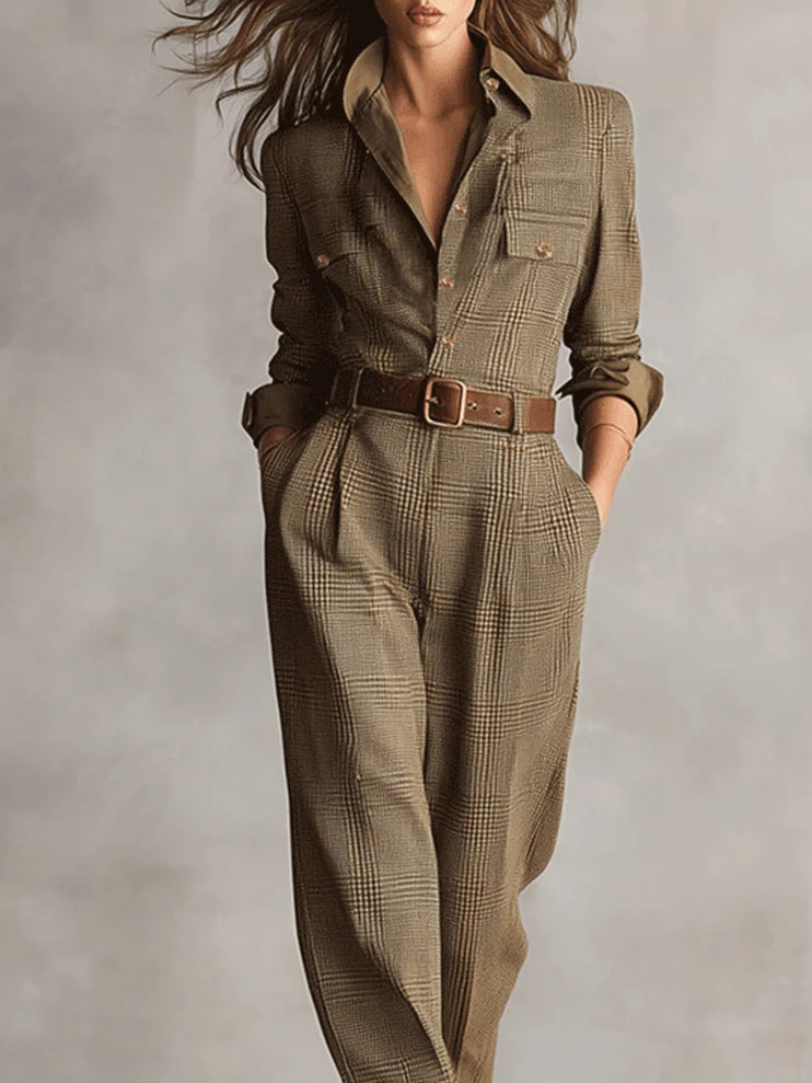 Women's Belted Long Sleeve Tailored Jumpsuit