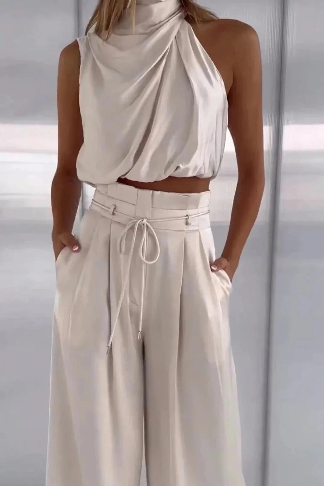 Elegant Draped Two-Piece Set with High Neck Top and Wide Leg Trousers