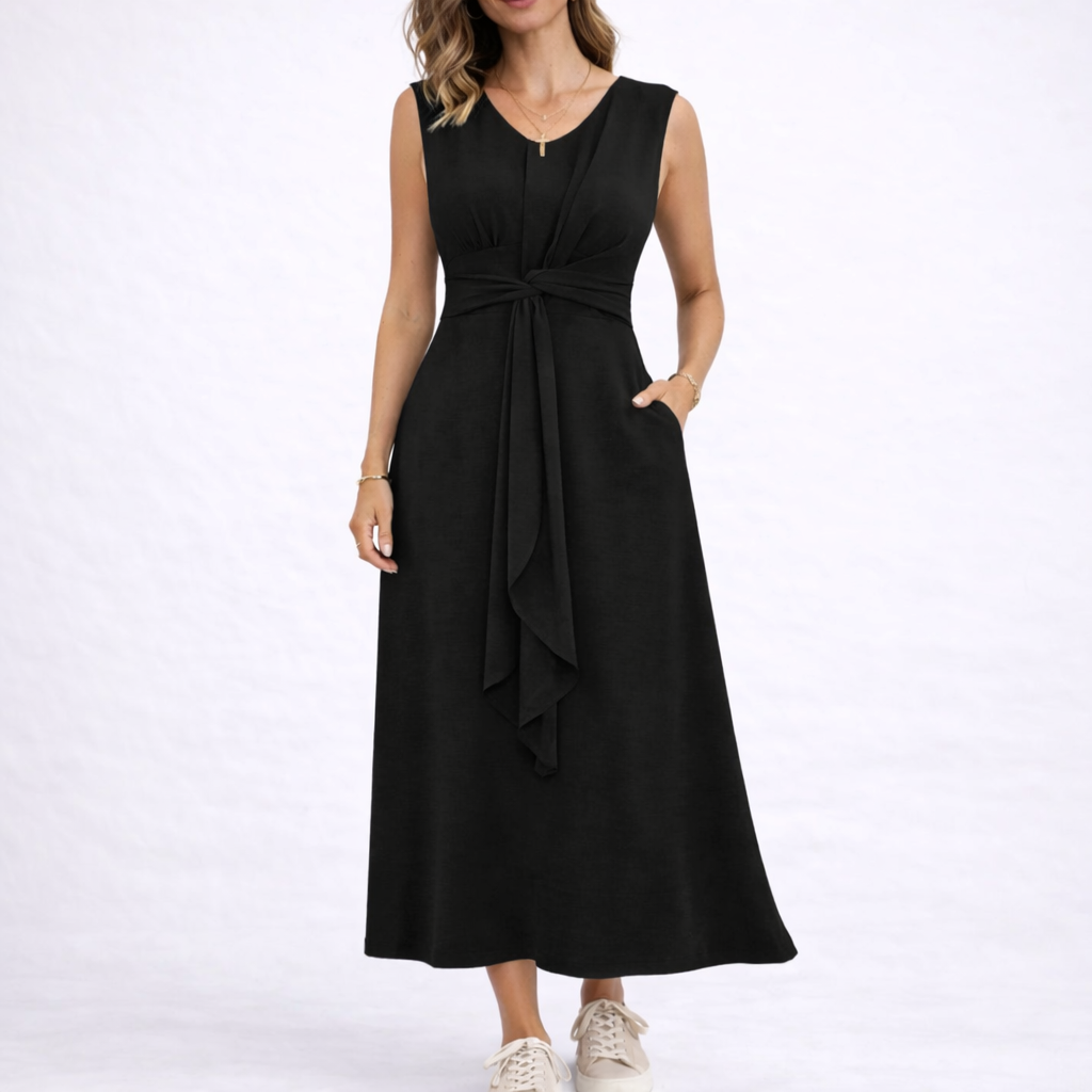 Ärmelloses Maxikleid für Damen mit gedrehtem Taillenband, drapiertem Frontknoten und schmeichelhaftem V-Ausschnitt