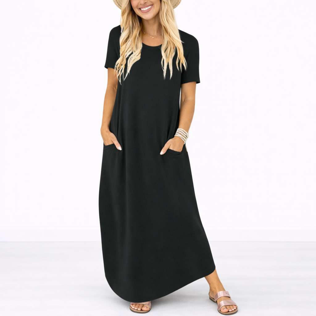 Robe maxi rayée décontractée pour femme avec poches latérales et col rond