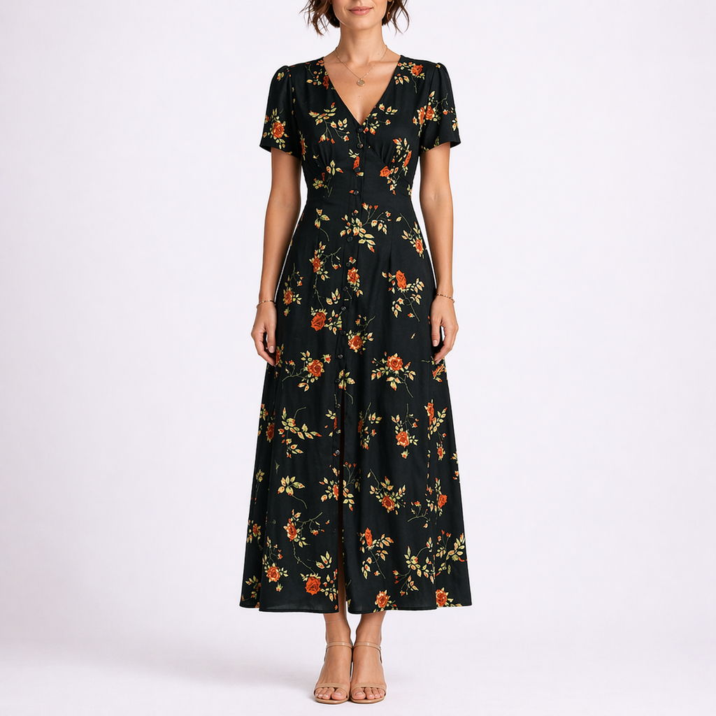 Women's Floral Maxi Dress with V Neck and Front Slit