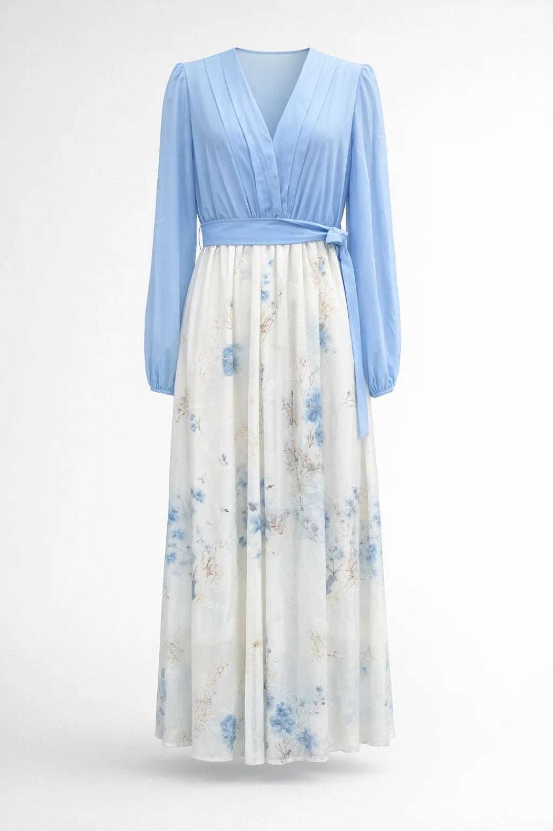 Maxikleid für Damen mit Blumenmuster, plissiertem Oberteil und langen, transparenten Ärmeln