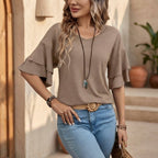 Damen V-Ausschnitt Bluse mit halblangen Ärmeln und Rüschendetail für eleganten und bequemen Alltag