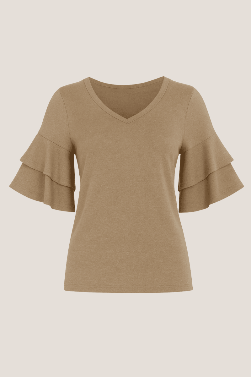 Damen V-Ausschnitt Bluse mit halblangen Ärmeln und Rüschendetail für eleganten und bequemen Alltag