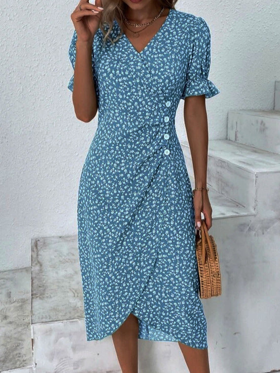Robe midi portefeuille à imprimé floral pour femme avec détail de boutons sur le côté
