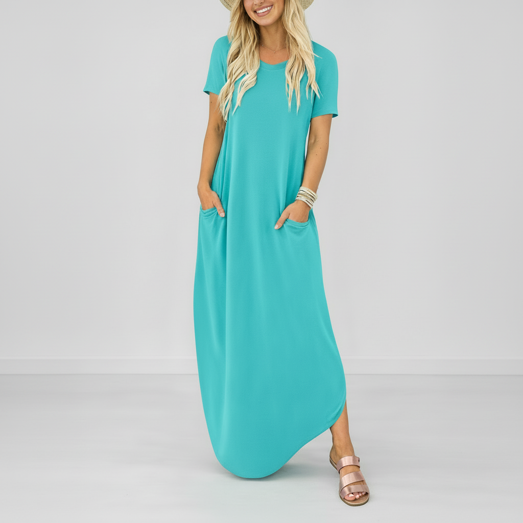 Robe maxi rayée décontractée pour femme avec poches latérales et col rond