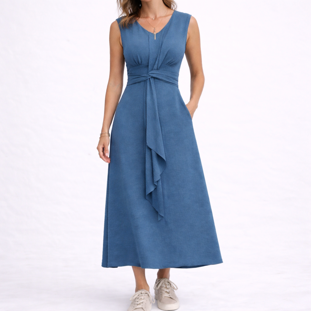 Ärmelloses Maxikleid für Damen mit gedrehtem Taillenband, drapiertem Frontknoten und schmeichelhaftem V-Ausschnitt
