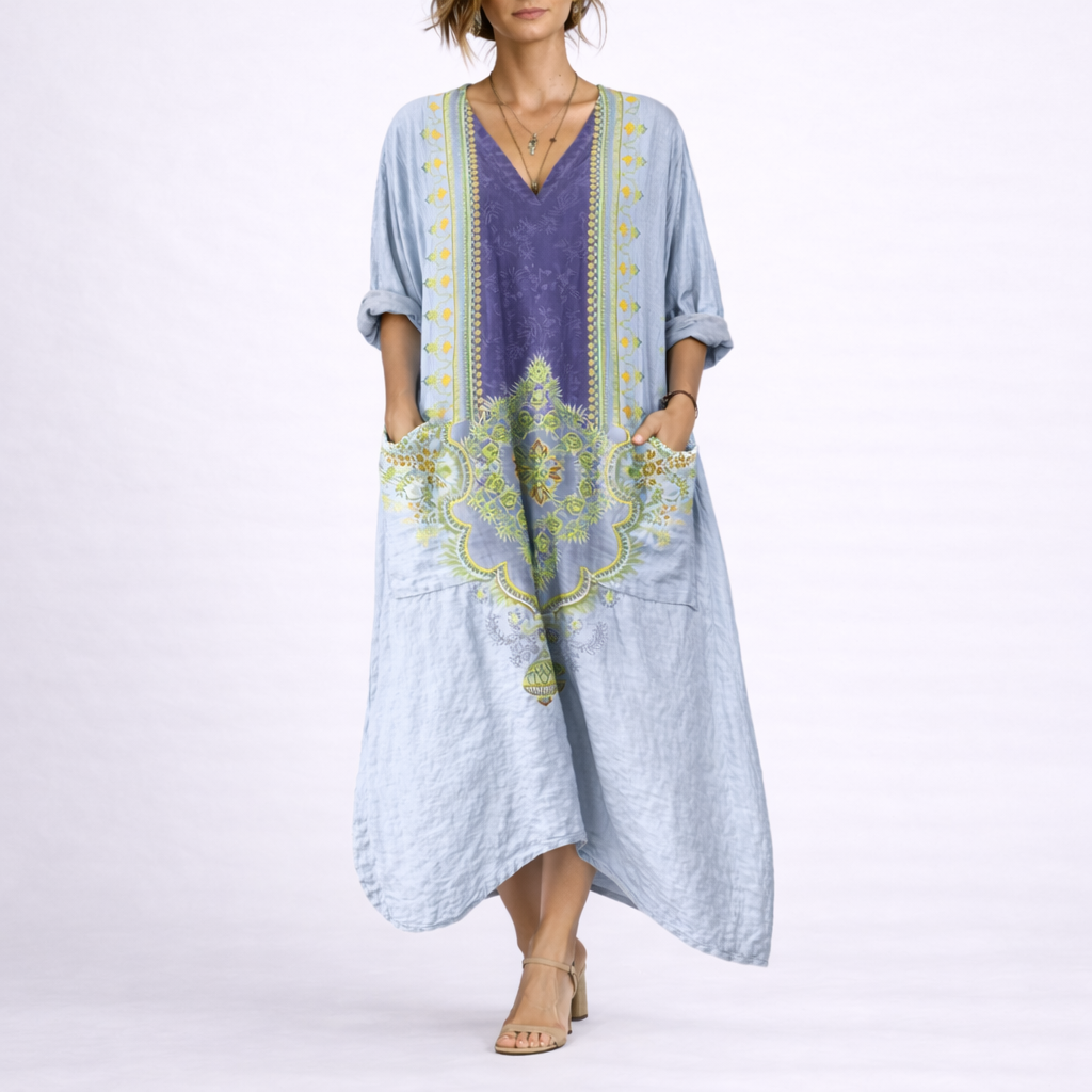 Maxikleid für Damen im Boho-Stil mit Paisley-Muster, V-Ausschnitt, dekorativen Knöpfen und Seitentaschen