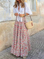 Women's Bohemian Floral Print Tiered Maxi Skirt with High Waist, Flowy A-Line Silhouette and Ruffle Hem